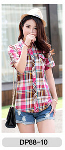 Marka Ženska karirana bluza Pamuk kratkih rukava Velike ženske tanke košulje Ležerna blusa feminina Ljetna odjeća za djevojčice XXXL HS1288