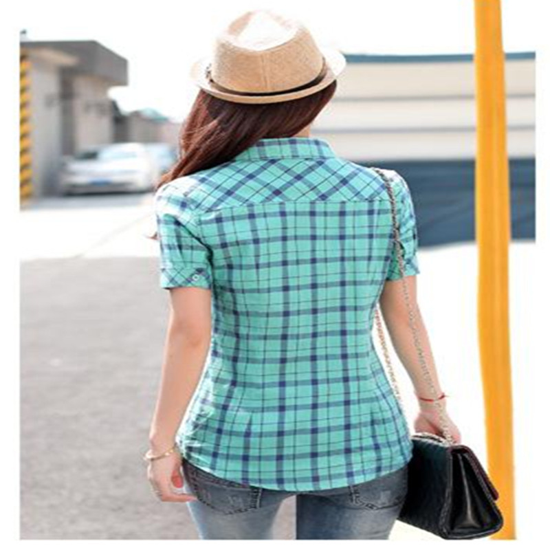 Marka Ženska karirana bluza Pamuk kratkih rukava Velike ženske tanke košulje Ležerna blusa feminina Ljetna odjeća za djevojčice XXXL HS1288