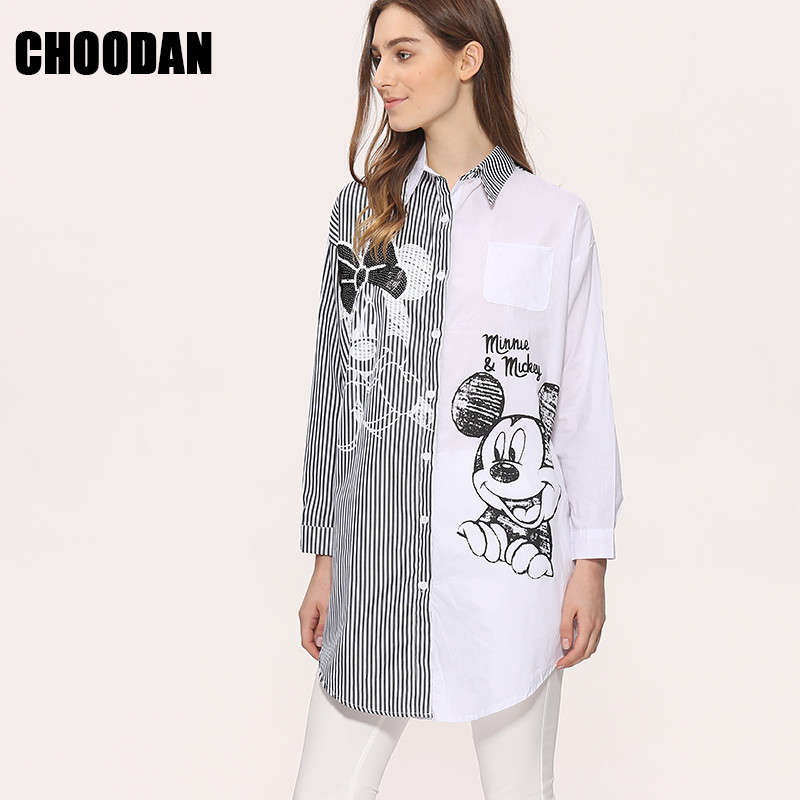 Ženska duga bluza Košulja dugih rukava 2018 Nova moda Ljeto Jesen Crtani miš Miš sa šljokicama Prugasti gornji dijelovi široke ležerne ženske tkanine