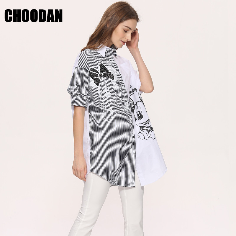 Ženska duga bluza Košulja dugih rukava 2018 Nova moda Ljeto Jesen Crtani miš Miš sa šljokicama Prugasti gornji dijelovi široke ležerne ženske tkanine