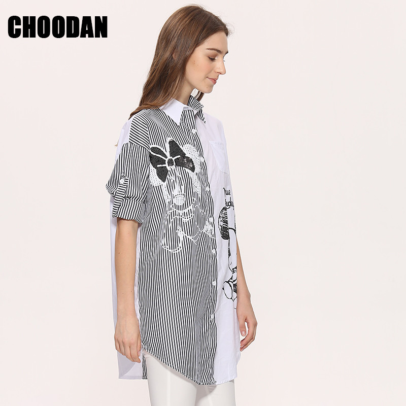 Ženska duga bluza Košulja dugih rukava 2018 Nova moda Ljeto Jesen Crtani miš Miš sa šljokicama Prugasti gornji dijelovi široke ležerne ženske tkanine
