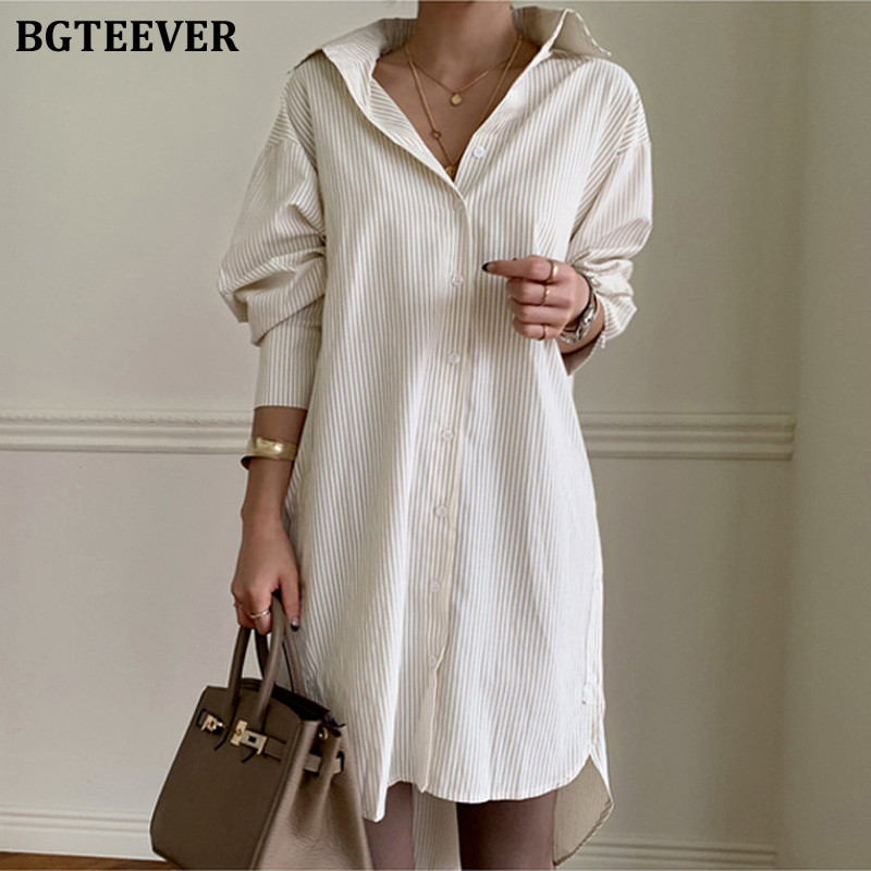 BGTEEVER 2020. Proljeće Duge prugaste ženske bluze Košulja Ženske bluze Topovi punih rukava Ležerne pamučne prevelike bluze Ženske