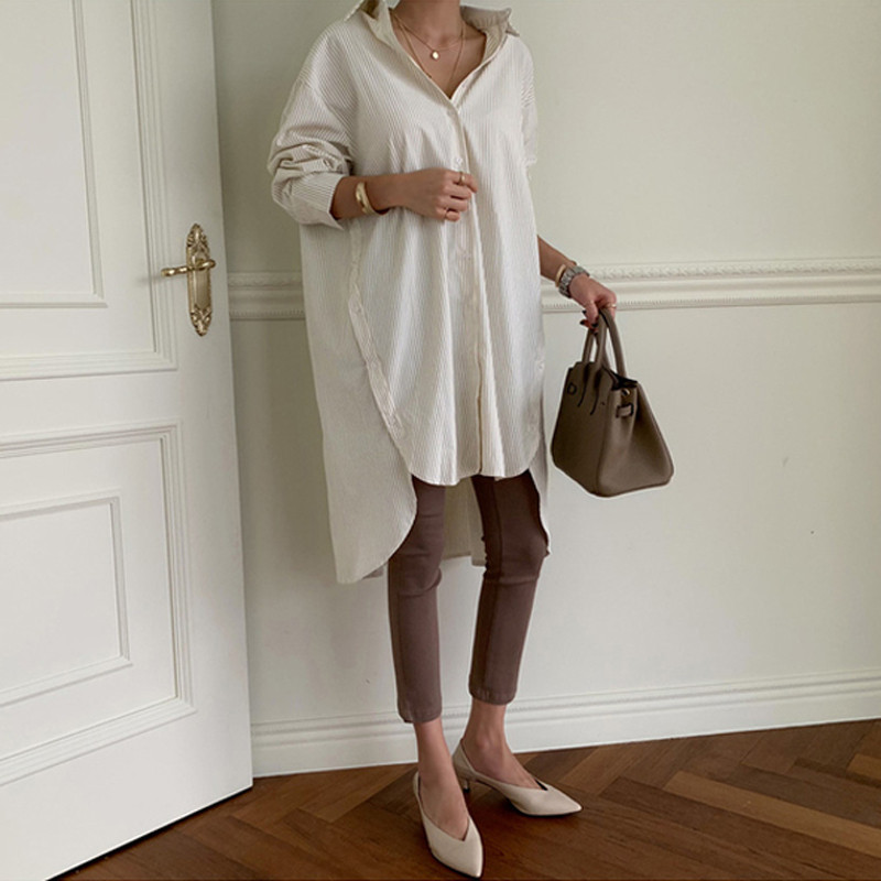 BGTEEVER 2020. Proljeće Duge prugaste ženske bluze Košulja Ženske bluze Topovi punih rukava Ležerne pamučne prevelike bluze Ženske