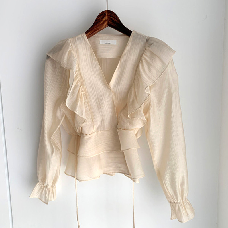 Moodne vintage šifoonpluus, naiste 2021 uus puhvis varrukatega volangidega V-kaelusega särk, naiste Silm vabaaja naiste pluusid, topsid Mujer 10334