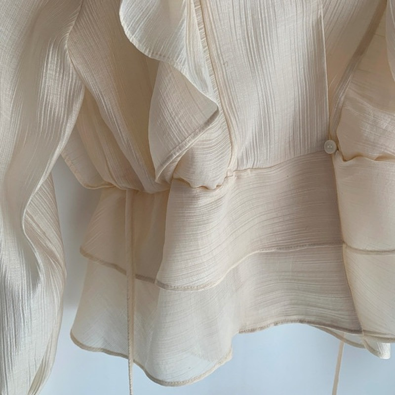 Moodne vintage šifoonpluus, naiste 2021 uus puhvis varrukatega volangidega V-kaelusega särk, naiste Silm vabaaja naiste pluusid, topsid Mujer 10334