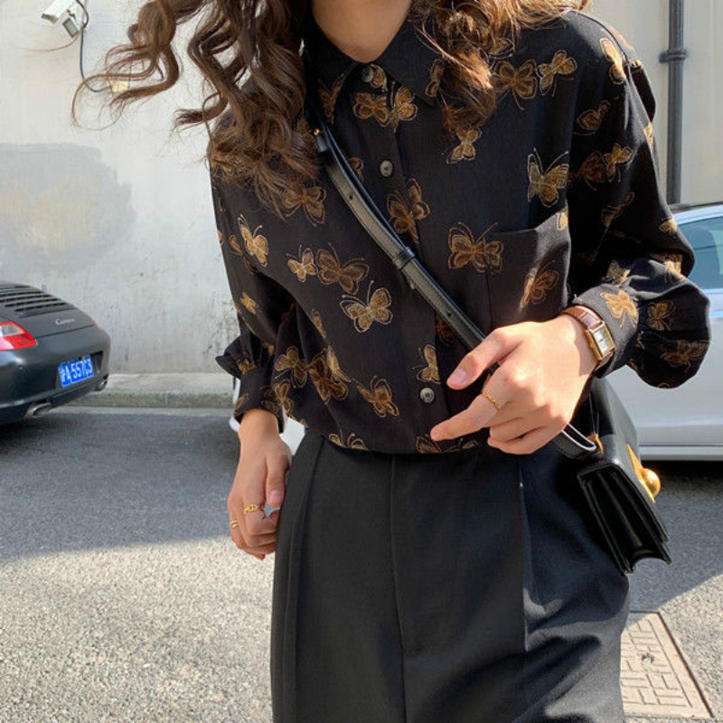 Moteriški marškiniai Laisvo rašto ilgomis rankovėmis Vintažinis Kūrybiškumas Populiarus korėjietiško stiliaus gatvės apranga Stilingos prašmatnios moteriškos palaidinės.