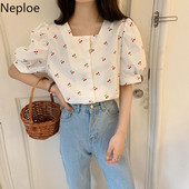 Neploe Vintage Print Cherry Moteriškos Palaidinės Kvadratinė apykakle Mieli Marškiniai su pūstomis rankovėmis Laisvi, vasariniai balti palaidiniai, moteriški