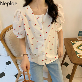 Neploe Vintage Print Cherry Γυναικείες μπλούζες τετράγωνος γιακάς Γλυκό φουσκωτό μανίκι πουκάμισο φαρδύ παντός τύπου καλοκαιρινή λευκή μπλούζα γυναικεία