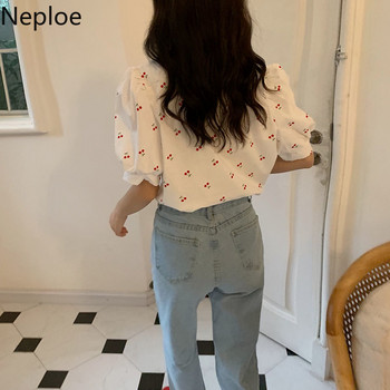 Neploe Vintage Print Cherry Γυναικείες μπλούζες τετράγωνος γιακάς Γλυκό φουσκωτό μανίκι πουκάμισο φαρδύ παντός τύπου καλοκαιρινή λευκή μπλούζα γυναικεία