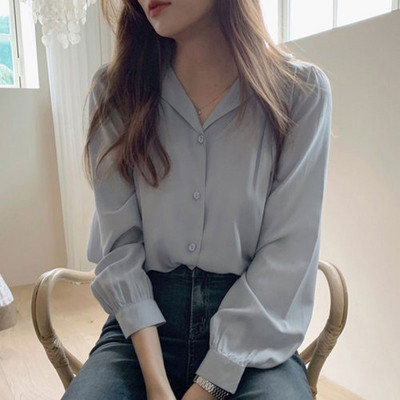 Proljeće 2021. Japanski korejski šik majice Blusas Ženske retro vintage majice s V izrezom Jednobojne jednokopčane košulje na gumbe