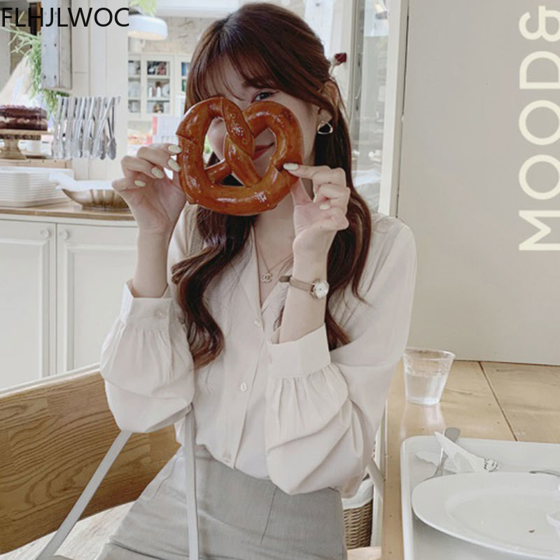 Proljeće 2021. Japanski korejski šik majice Blusas Ženske retro vintage majice s V izrezom Jednobojne jednokopčane košulje na gumbe