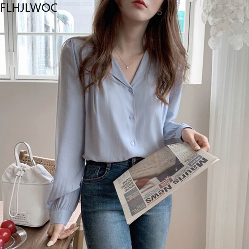 Proljeće 2021. Japanski korejski šik majice Blusas Ženske retro vintage majice s V izrezom Jednobojne jednokopčane košulje na gumbe