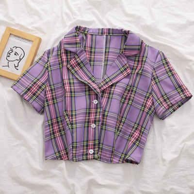 Ljetna korejska bluza 2020. Ženska vintage skraćena košulja Streetwear Karirane ženske majice Elegantna majica na kopčanje Skraćene majice