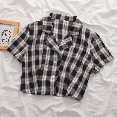Ljetna korejska bluza 2020. Ženska vintage skraćena košulja Streetwear Karirane ženske majice Elegantna majica na kopčanje Skraćene majice