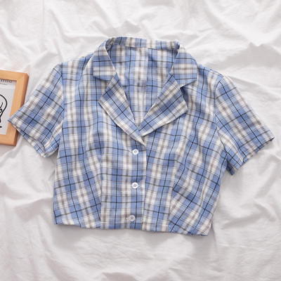 Ljetna korejska bluza 2020. Ženska vintage skraćena košulja Streetwear Karirane ženske majice Elegantna majica na kopčanje Skraćene majice