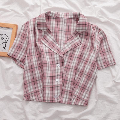 Ljetna korejska bluza 2020. Ženska vintage skraćena košulja Streetwear Karirane ženske majice Elegantna majica na kopčanje Skraćene majice