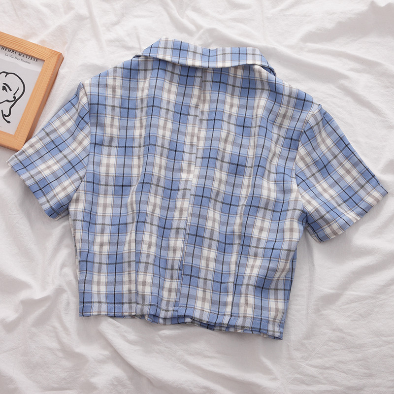 Ljetna korejska bluza 2020. Ženska vintage skraćena košulja Streetwear Karirane ženske majice Elegantna majica na kopčanje Skraćene majice