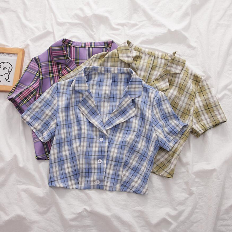 Ljetna korejska bluza 2020. Ženska vintage skraćena košulja Streetwear Karirane ženske majice Elegantna majica na kopčanje Skraćene majice