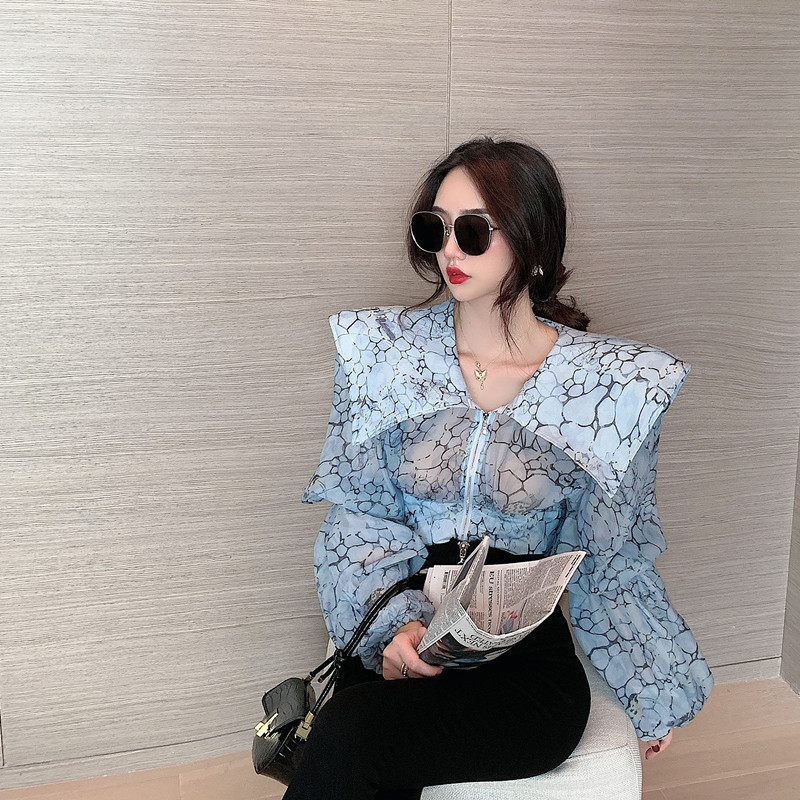 Cămașă de toamnă mare cu guler răsturnat cu imprimare pentru femei, mânecă lanternă, elegantă, cu fermoar, bluze, cămăși