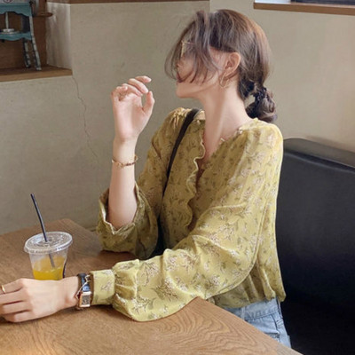 Bluze femei șifon guler volanat cu imprimeu floral mânecă felinar stil coreean dulce doamnă elegantă timp liber modă blândă cămăși