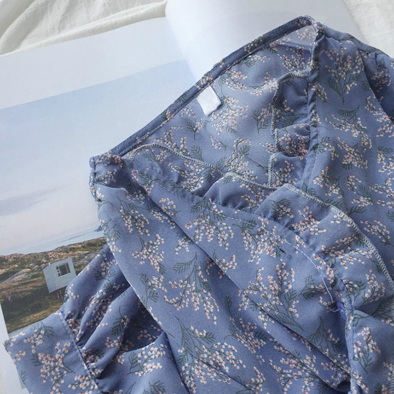 Bluze femei șifon guler volanat cu imprimeu floral mânecă felinar stil coreean dulce doamnă elegantă timp liber modă blândă cămăși