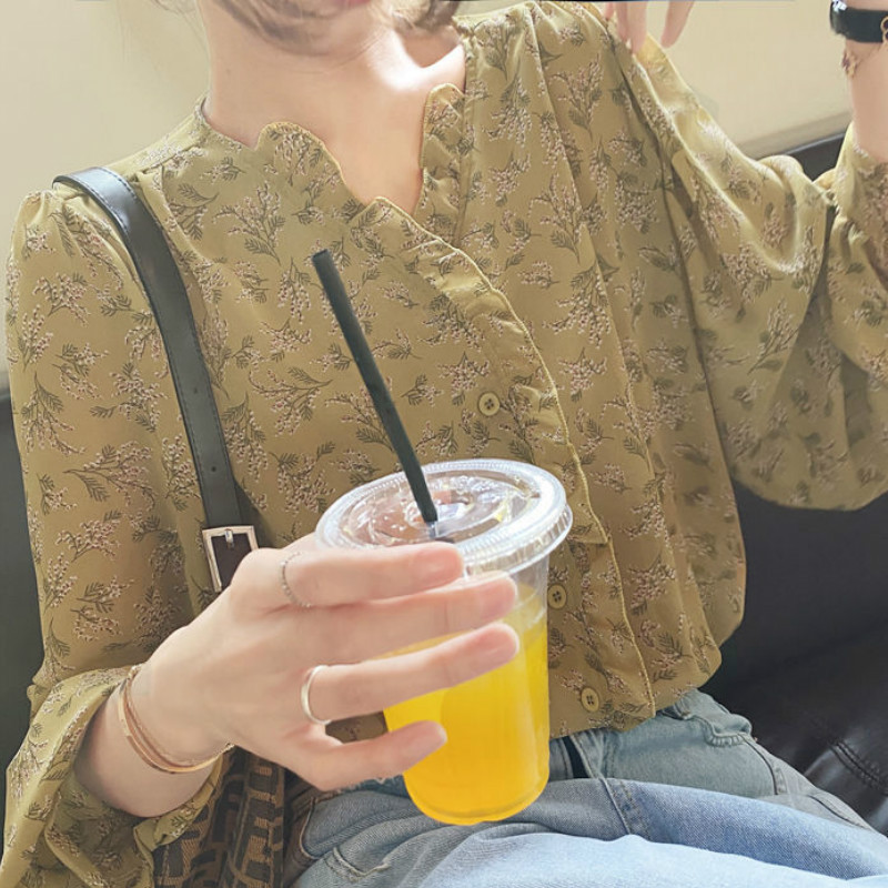 Bluze femei șifon guler volanat cu imprimeu floral mânecă felinar stil coreean dulce doamnă elegantă timp liber modă blândă cămăși