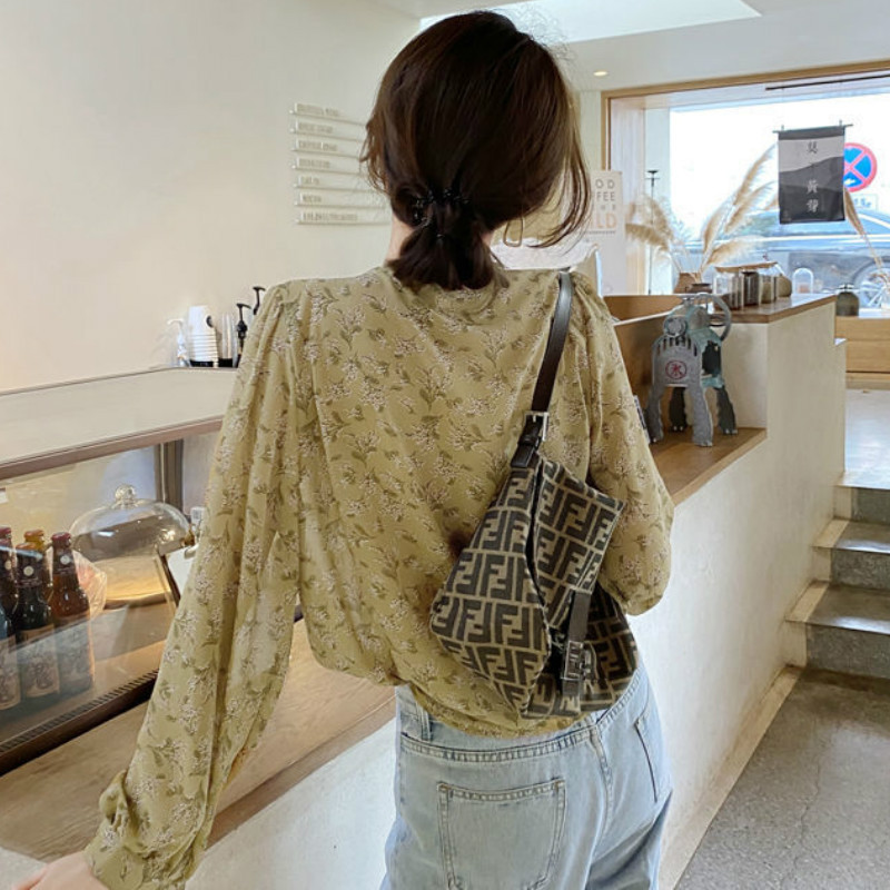 Bluze femei șifon guler volanat cu imprimeu floral mânecă felinar stil coreean dulce doamnă elegantă timp liber modă blândă cămăși