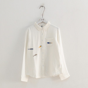 2019 Bluză de cămașă din fire de bumbac cu mânecă lungă, broderie de pește de înot dulce, JG41-1F3