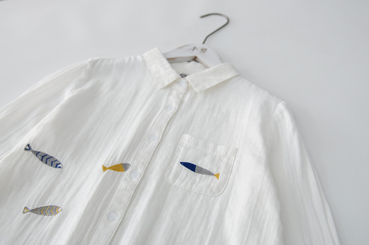 2019 Bluză de cămașă din fire de bumbac cu mânecă lungă, broderie de pește de înot dulce, JG41-1F3