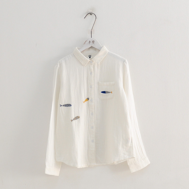 2019 Bluză de cămașă din fire de bumbac cu mânecă lungă, broderie de pește de înot dulce, JG41-1F3