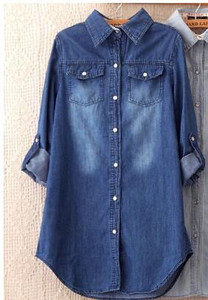 Džinsi Krekli Sieviešu topi 2020. gada pavasara vintage sieviešu kokvilnas džinsi blūzes Chemise Femme tunikas Liela izmēra sieviešu džinsa krekls N42902