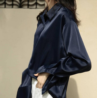 Szatén selyem ing Őszi tavaszi irodai gomb fel Elegáns vállblúz női fehér felső bő utcai ingek Ropa Para Mujer