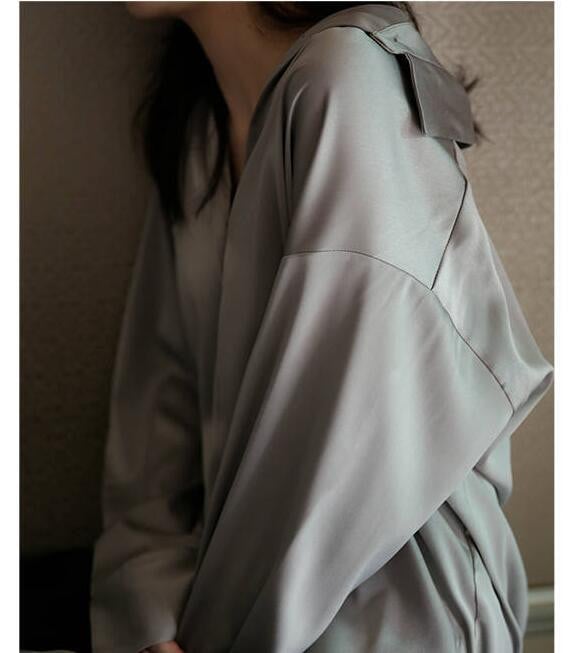 Szatén selyem ing Őszi tavaszi irodai gomb fel Elegáns vállblúz női fehér felső bő utcai ingek Ropa Para Mujer