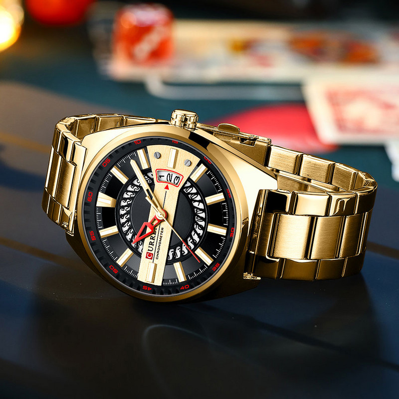 CURREN Ceas pentru bărbați, cu bandă din oțel inoxidabil, ceasuri de mână cu cuarț de lux pentru bărbați, design creativ, ceas auriu cu luminos