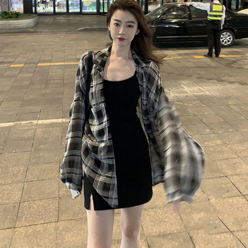 Blúzok Női Kockás Elegáns Vékony Napi felsőruházat Laza vakáció Elegáns Egyszerű ingek Női koreai stílusú Nyári Ins Napálló Divatos