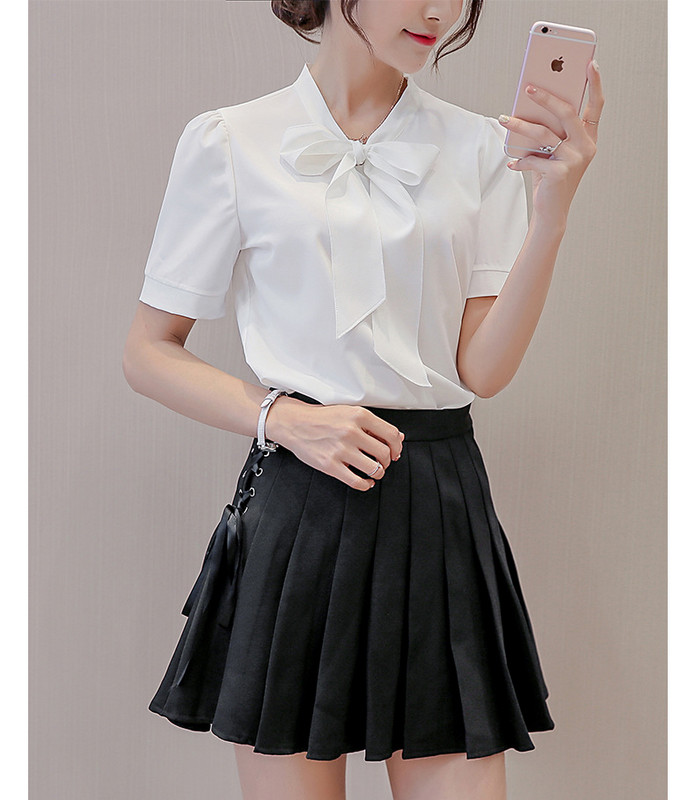 Tavaszi nyári blúzok Női felsők Koreai ingek Alkalmi rövid ujjú, vékony alsó sifon ing Irodai fehér rózsaszín blúz Blusa