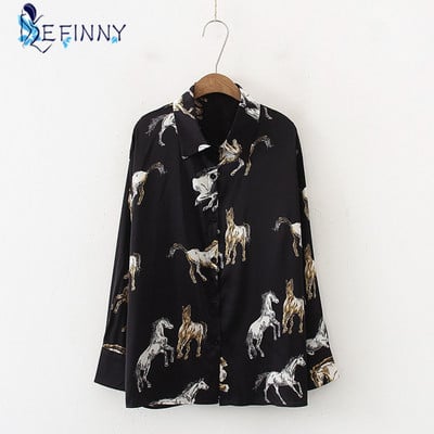 Ženska satenska bluza sa spuštenim ovratnikom s printom konja Ženska košulja dugih rukava Ležerna ženska široka majica Blusas