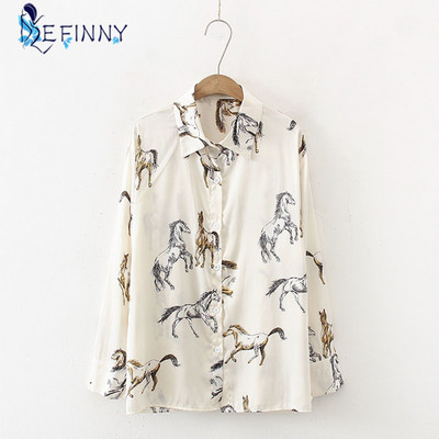 Ženska satenska bluza sa spuštenim ovratnikom s printom konja Ženska košulja dugih rukava Ležerna ženska široka majica Blusas