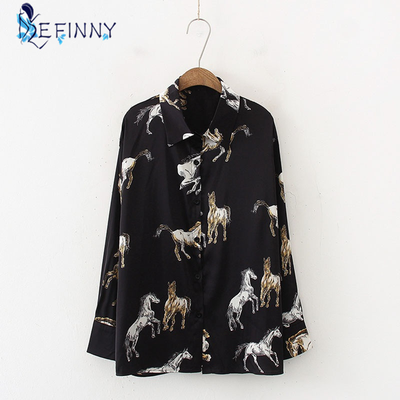Ženska satenska bluza sa spuštenim ovratnikom s printom konja Ženska košulja dugih rukava Ležerna ženska široka majica Blusas