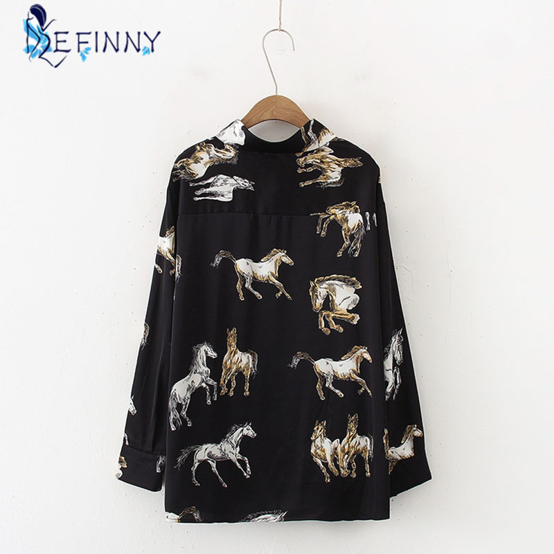 Ženska satenska bluza sa spuštenim ovratnikom s printom konja Ženska košulja dugih rukava Ležerna ženska široka majica Blusas