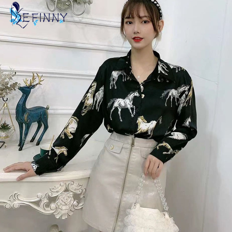 Ženska satenska bluza sa spuštenim ovratnikom s printom konja Ženska košulja dugih rukava Ležerna ženska široka majica Blusas