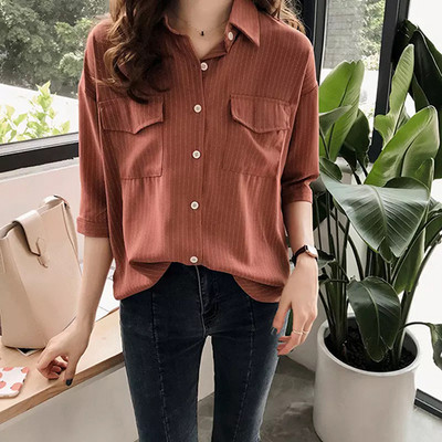 Cămașă cu tunică Bluză cu jumătate de mânecă pentru femei Topuri cu rever Bluze casual cu dungi 2020 Toamna pentru femei Bluze #56