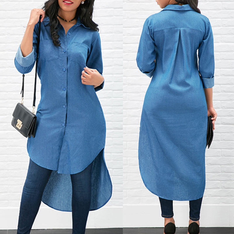 Nyári női divat Cool kék farmer farmer sima rövid gombos lehajtható gallér, hosszú ujjú alkalmi bő ing blúz ruha