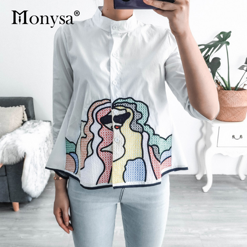 Abstraktūs siuvinėti marškiniai, moteriški, 2020 m. vasara, nauja mada su puse rankovių balta palaidinė, moteriški laisvalaikio viršūnės