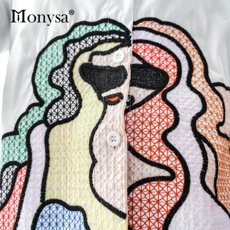 Abstraktūs siuvinėti marškiniai, moteriški, 2020 m. vasara, nauja mada su puse rankovių balta palaidinė, moteriški laisvalaikio viršūnės