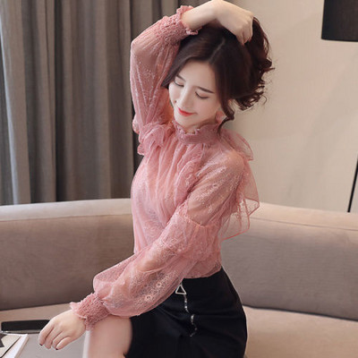 Pavasarinės karoliukų tinklinės palaidinės Moteriškos Saldžios Žibintuvėlio Rankovės Perlai Marlės Palaidinės Moteriški Elegantiški marškiniai Viršutiniai stovi Apykaklė Šifonas S-2XL