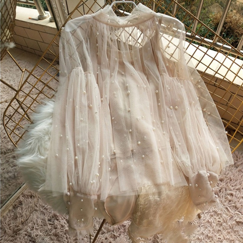 Pavasarinės karoliukų tinklinės palaidinės Moteriškos Saldžios Žibintuvėlio Rankovės Perlai Marlės Palaidinės Moteriški Elegantiški marškiniai Viršutiniai stovi Apykaklė Šifonas S-2XL
