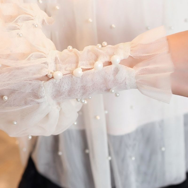 Pavasarinės karoliukų tinklinės palaidinės Moteriškos Saldžios Žibintuvėlio Rankovės Perlai Marlės Palaidinės Moteriški Elegantiški marškiniai Viršutiniai stovi Apykaklė Šifonas S-2XL