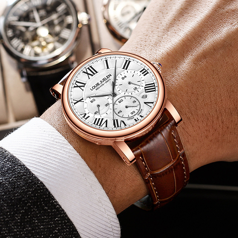 Modni muški satovi 2022. Vrhunska robna marka, luksuzni kvarcni muški remen od prave kože, poslovni ležerni sat s kronografom za muškarce