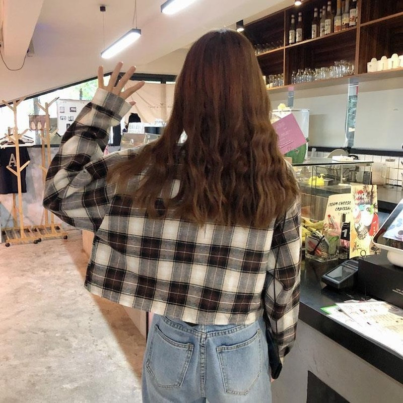 Bluze Cămăși Femei în carouri Crop Top cu mânecă lungă All-match Stil coreean Timp liber Preppy Street Lejer Moda femei Ins Chic Retro